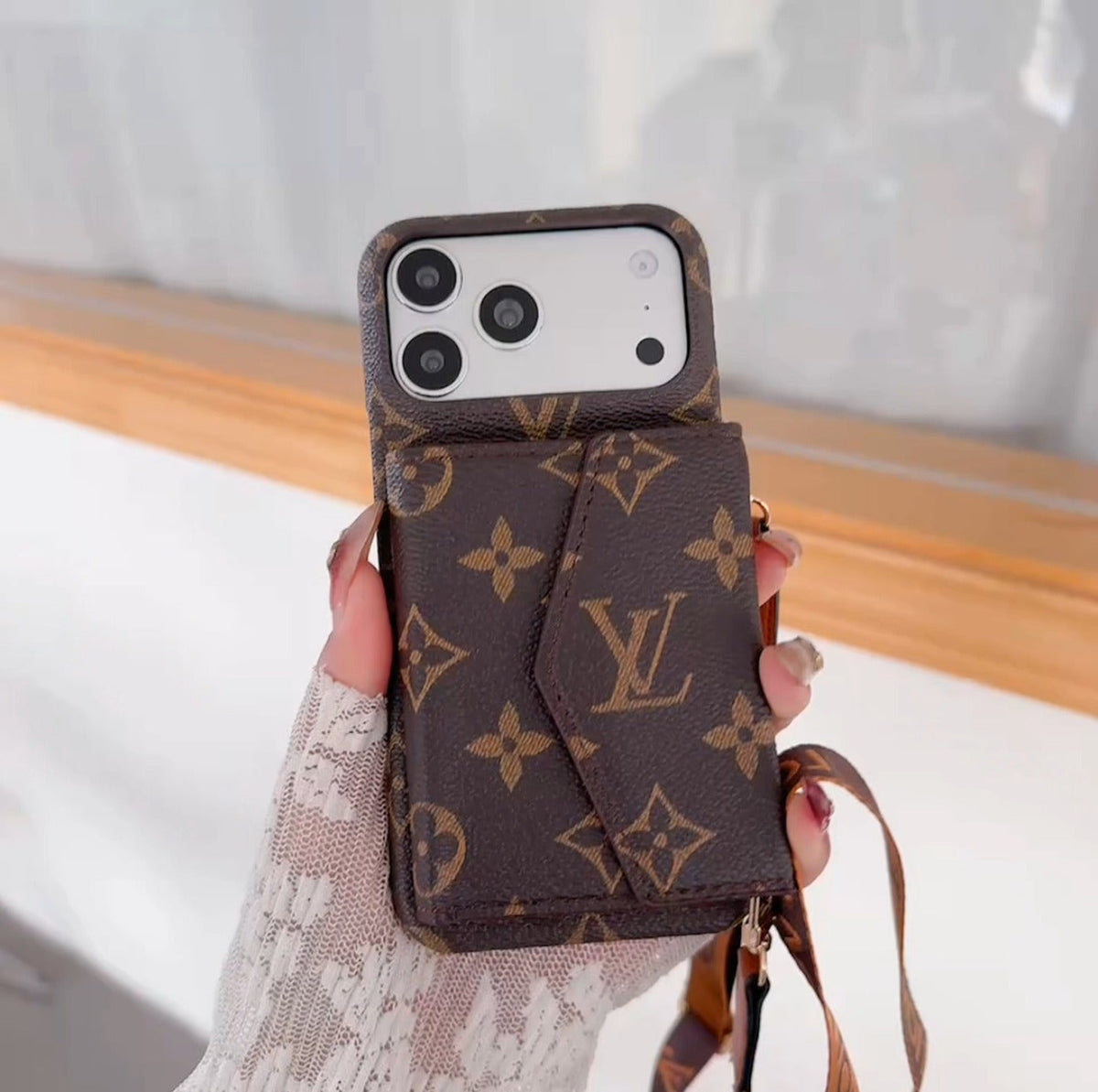 Luxury Monogram Crossbody Case With Detachable Strap & Wallet For iPhone 15-17