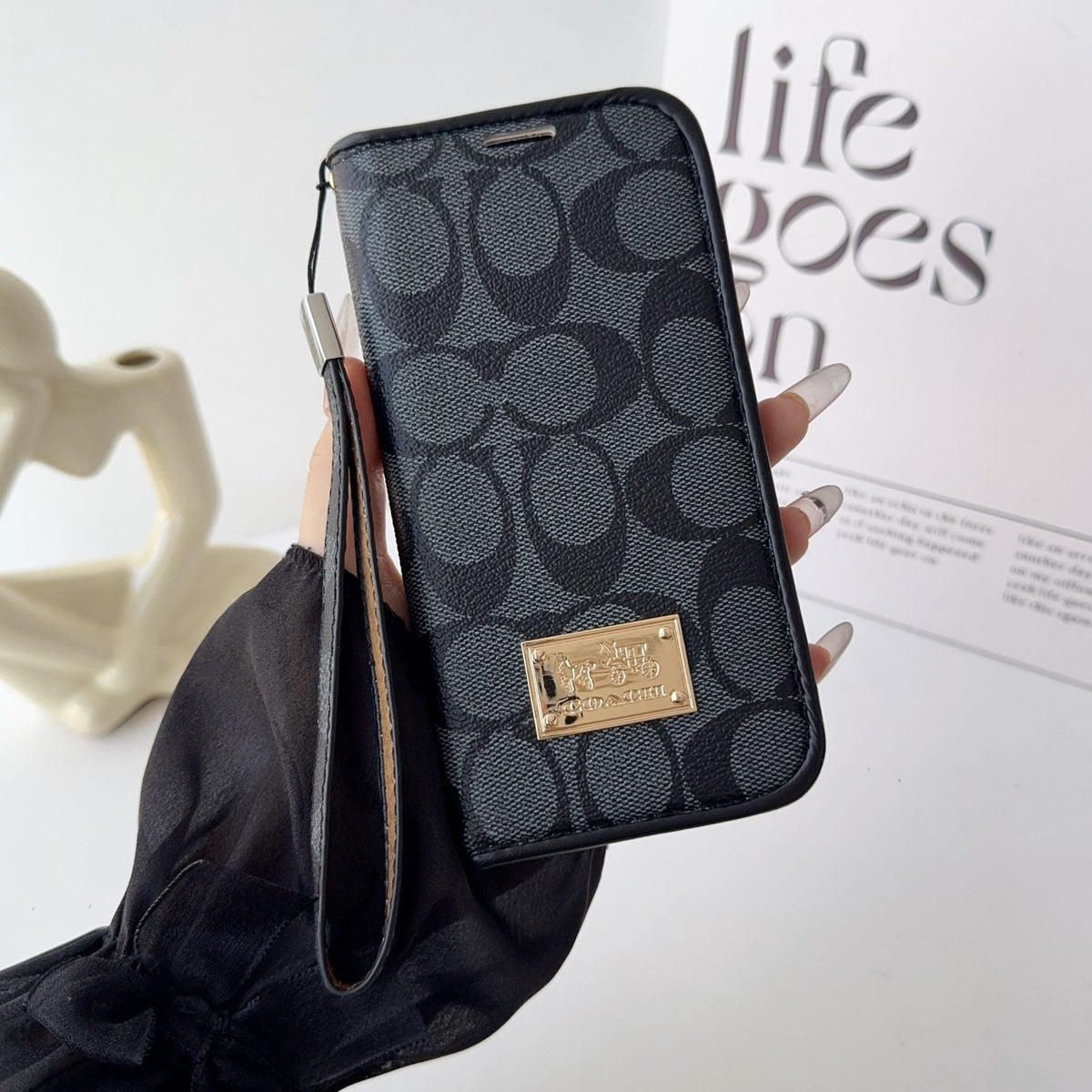 Coach Holster Wallet Case With Magnetic Closure & Hand Strap For iPhone 12-17 Pro Max