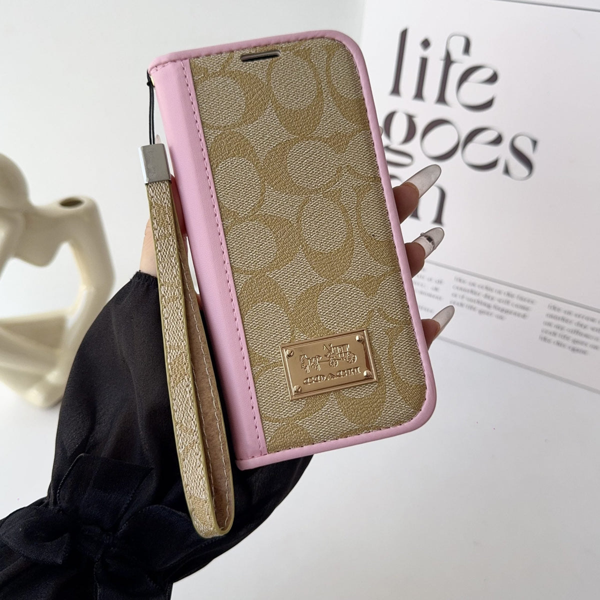 Coach Holster Wallet Case With Magnetic Closure & Hand Strap For iPhone 12-17 Pro Max