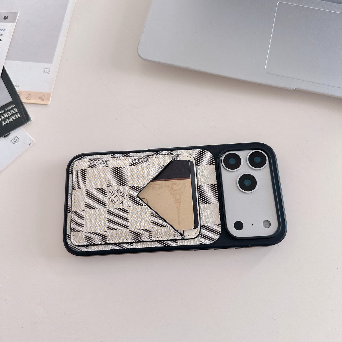 White Checkered Leather Wallet Case with V-Pocket Card Slot for iPhone 16-17 Pro Max
